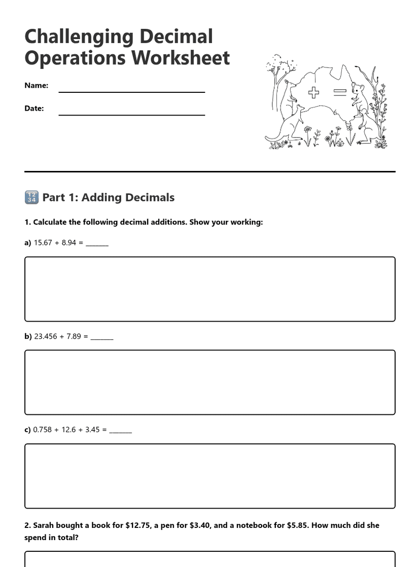 Challenging Decimal Operations Worksheet