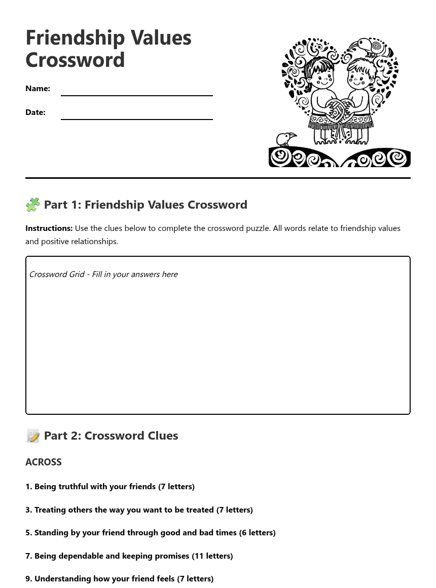 Friendship Values Crossword worksheet preview