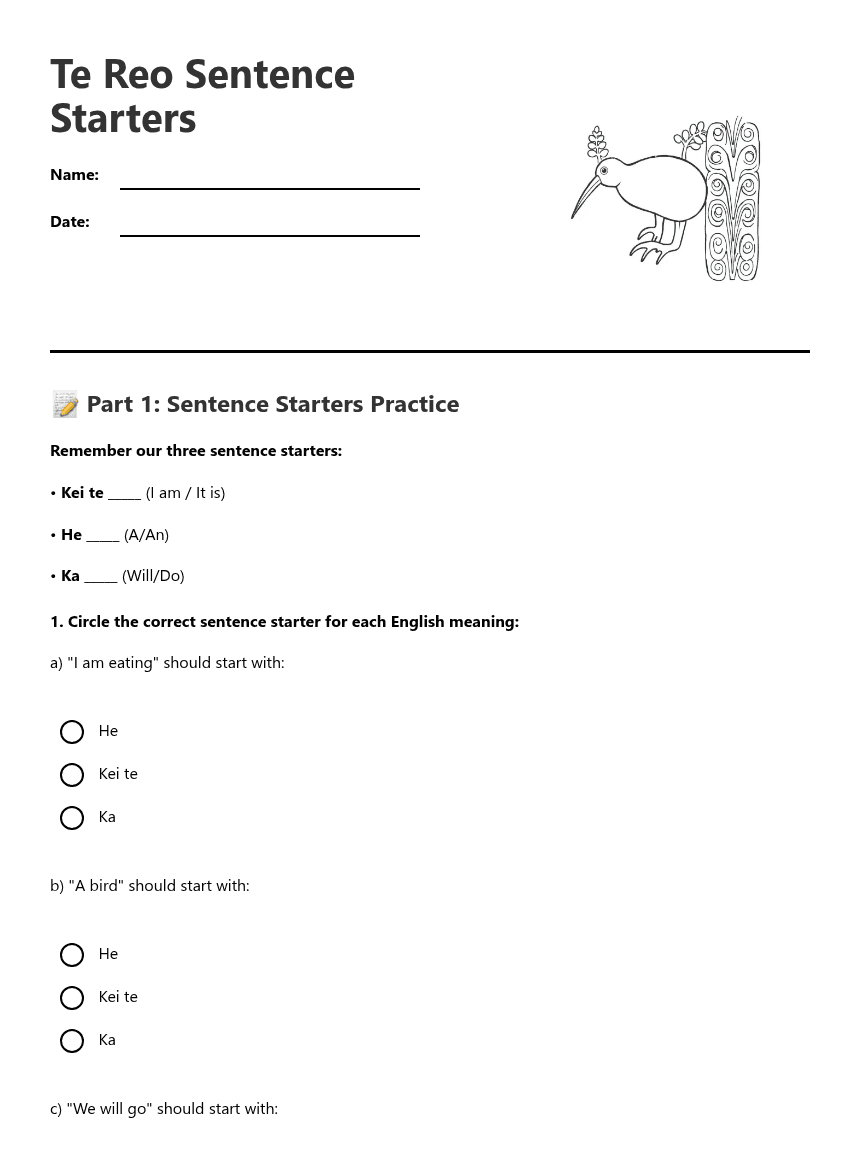 Te Reo Sentence Starters worksheet preview
