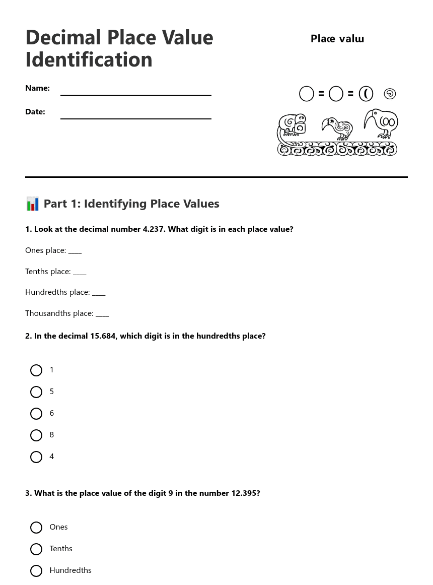 Decimal Place Value Identification worksheet preview