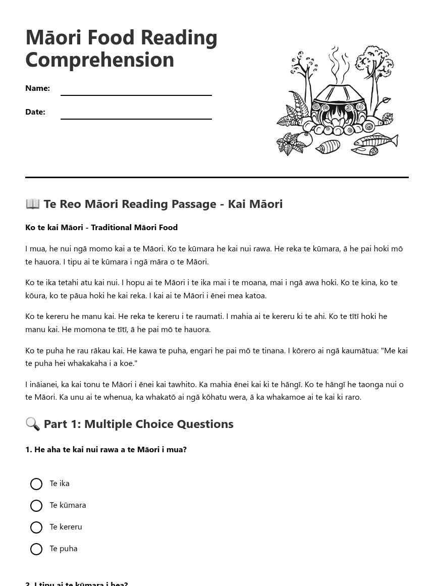 Māori Food Reading Comprehension worksheet preview
