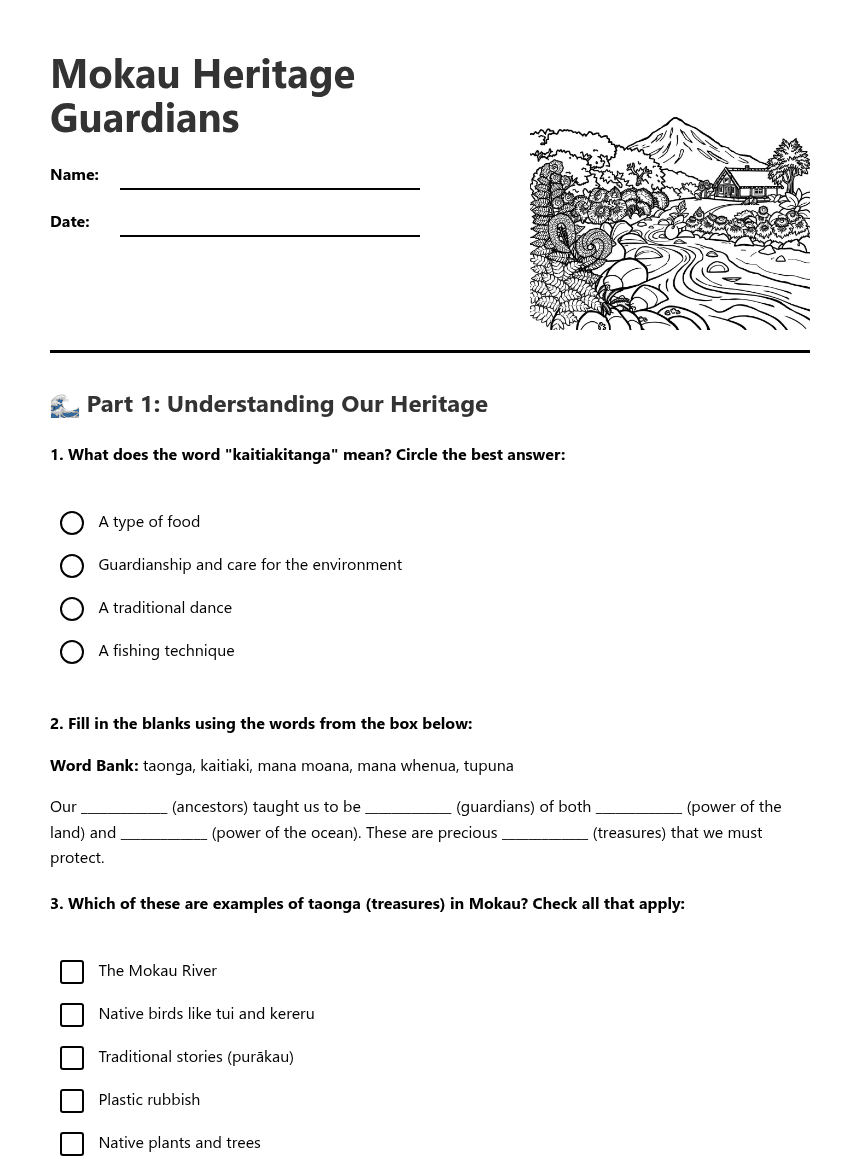Mokau Heritage Guardians worksheet preview