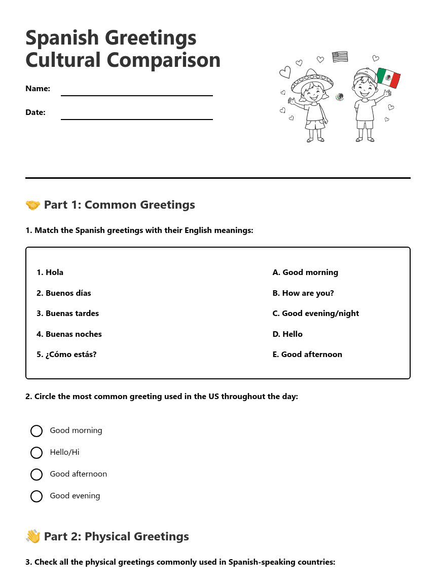 Spanish Greetings Cultural Comparison worksheet preview