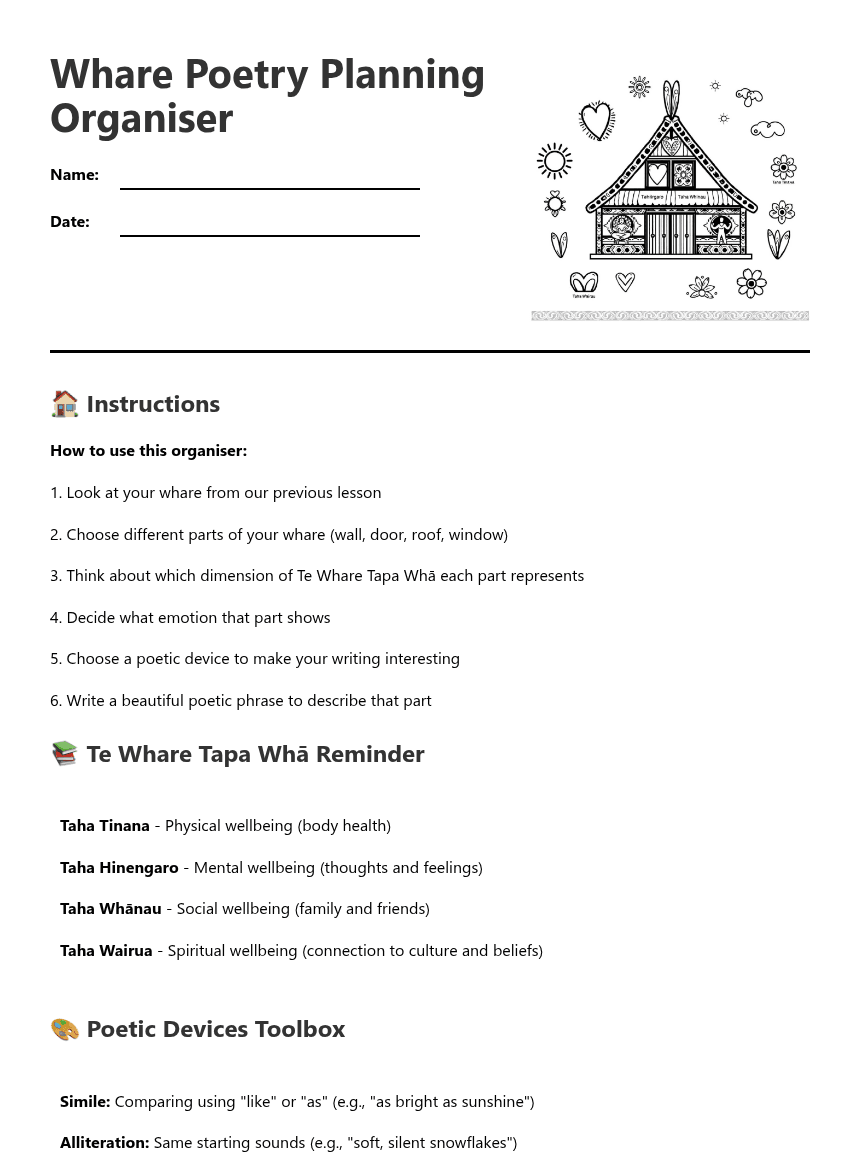 Whare Poetry Planning Organiser worksheet preview