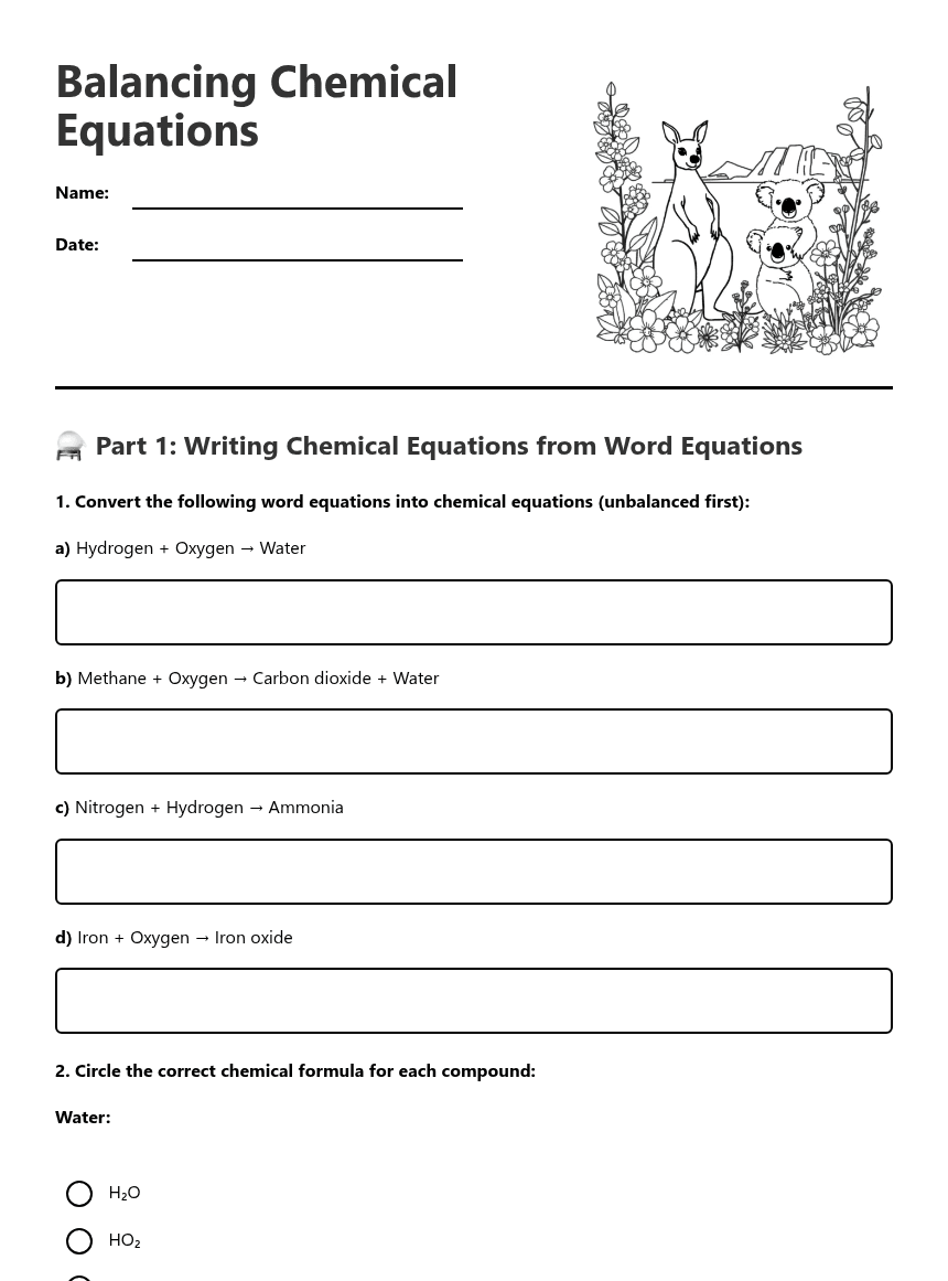 Balancing Chemical Equations worksheet preview