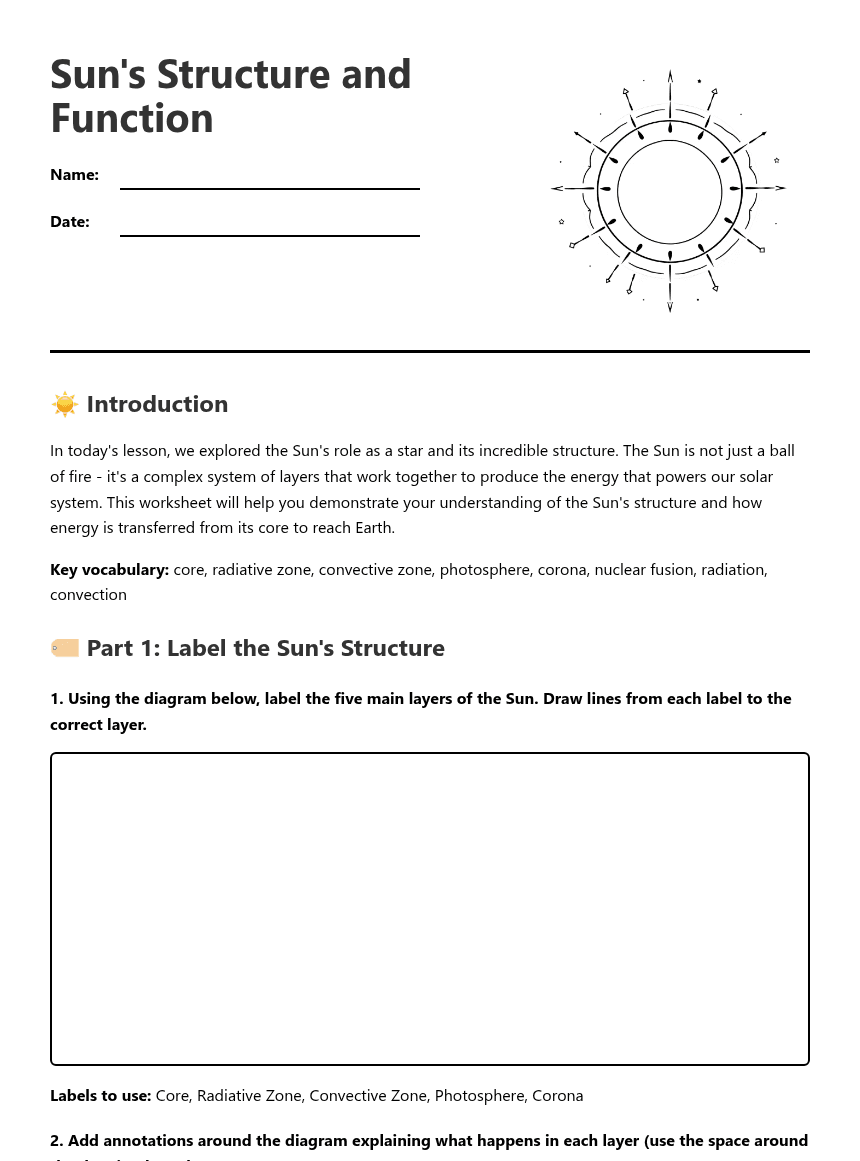 Sun's Structure and Function worksheet preview