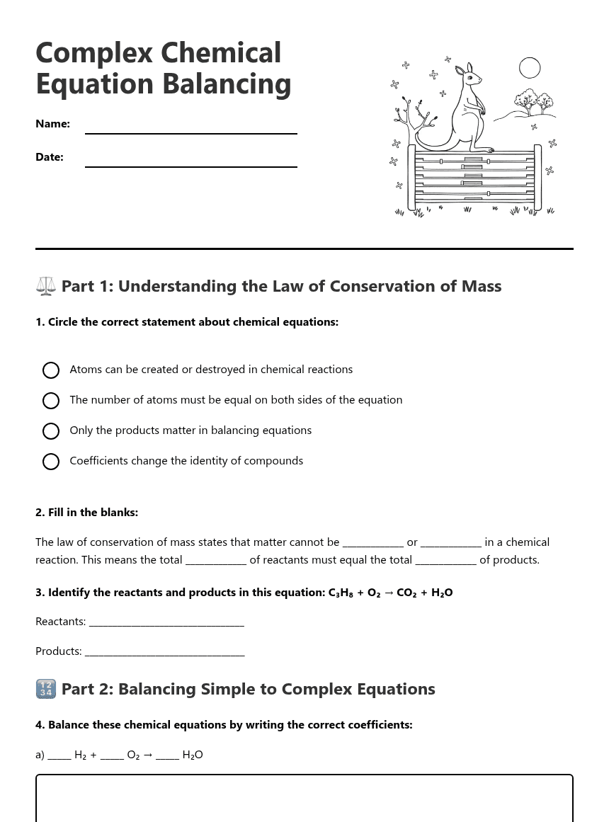 Complex Chemical Equation Balancing worksheet preview