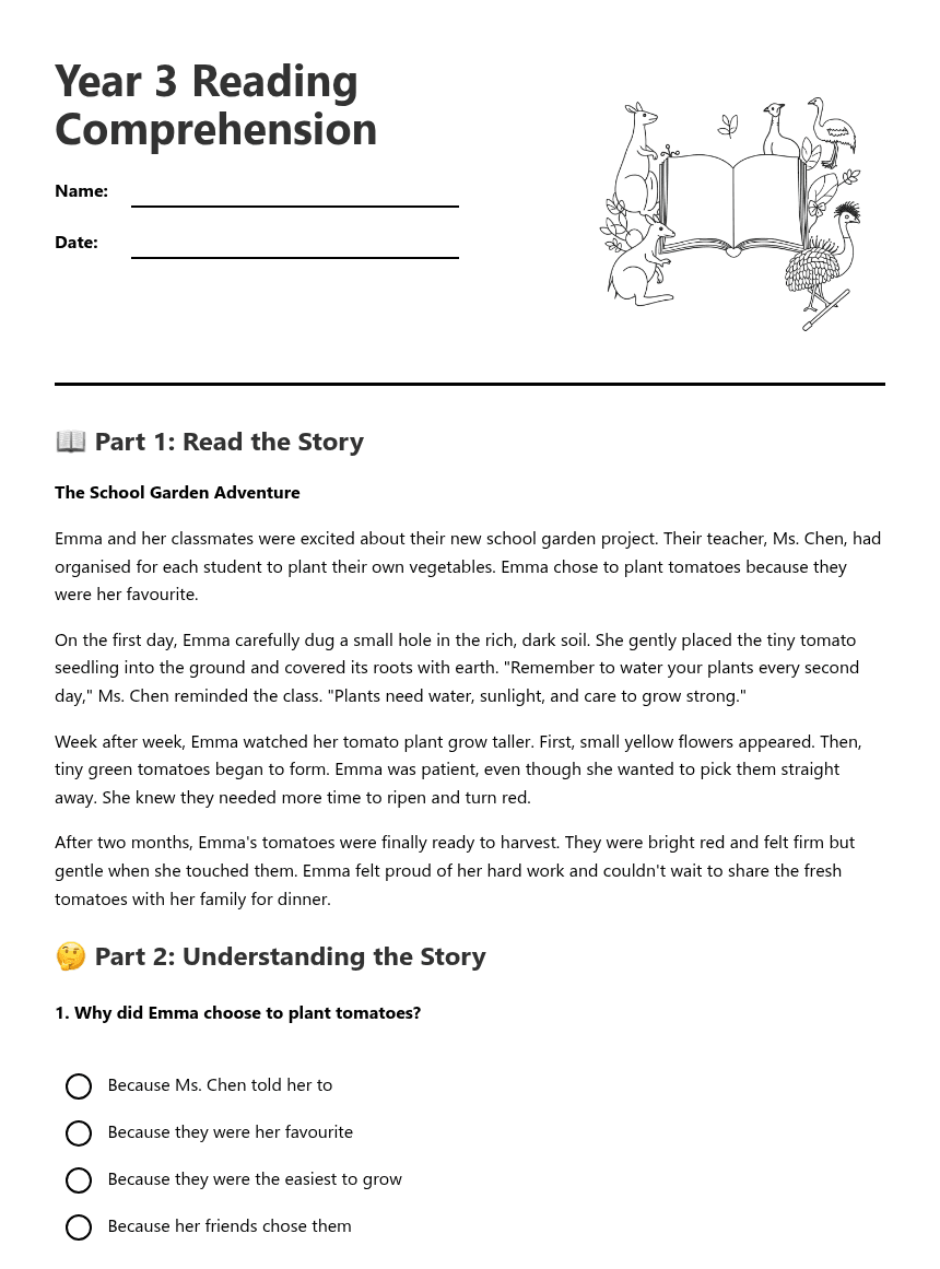 Year 3 Reading Comprehension worksheet preview