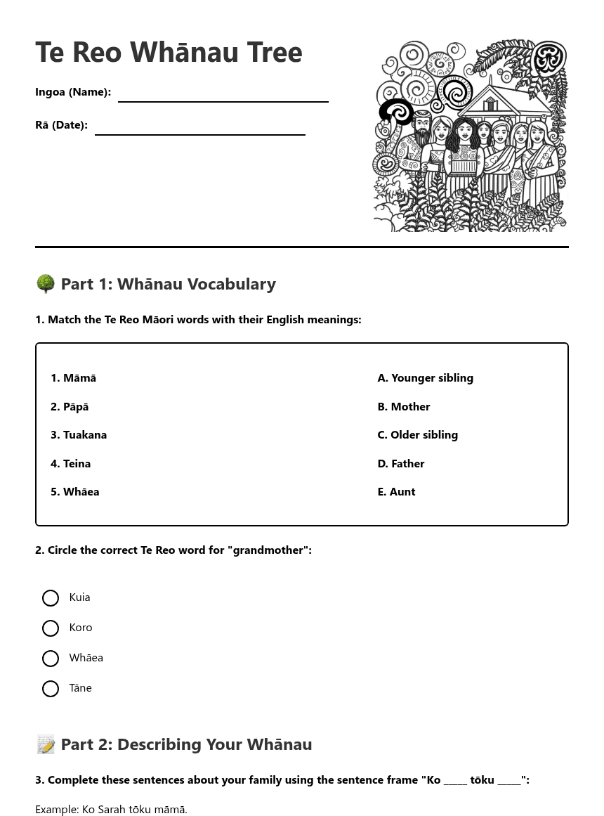 Te Reo Whānau Tree worksheet preview