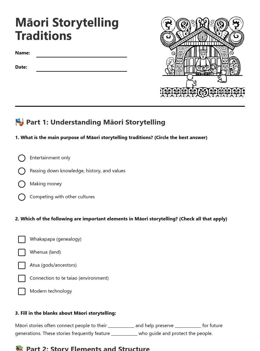 Māori Storytelling Traditions worksheet preview