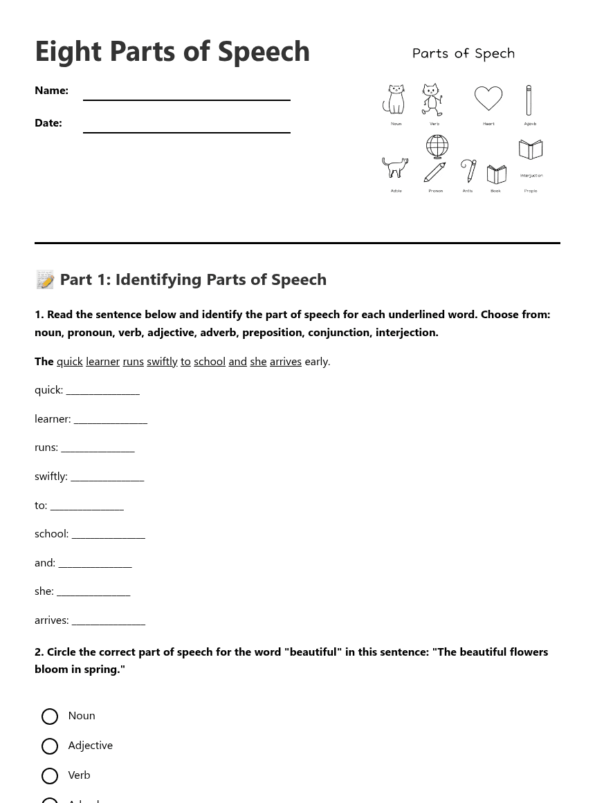 Eight Parts of Speech worksheet preview