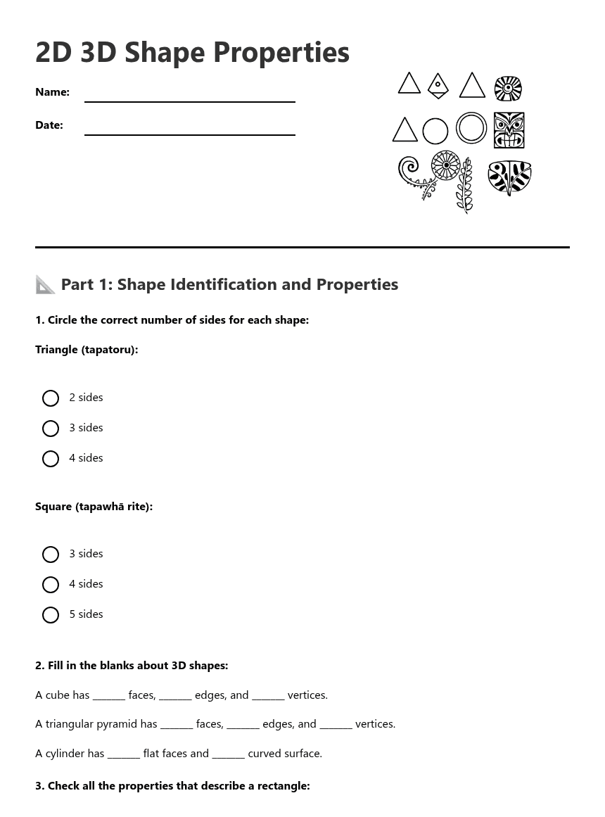 2D 3D Shape Properties worksheet preview