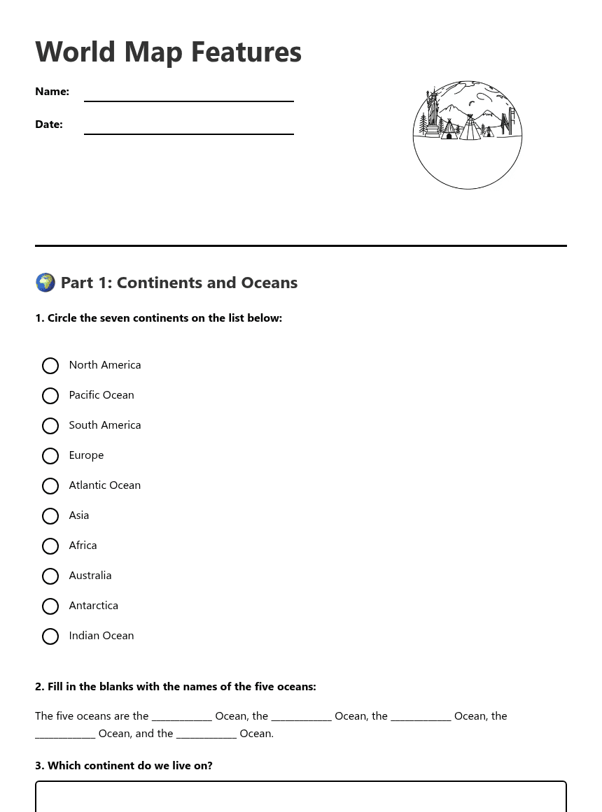 World Map Features worksheet preview