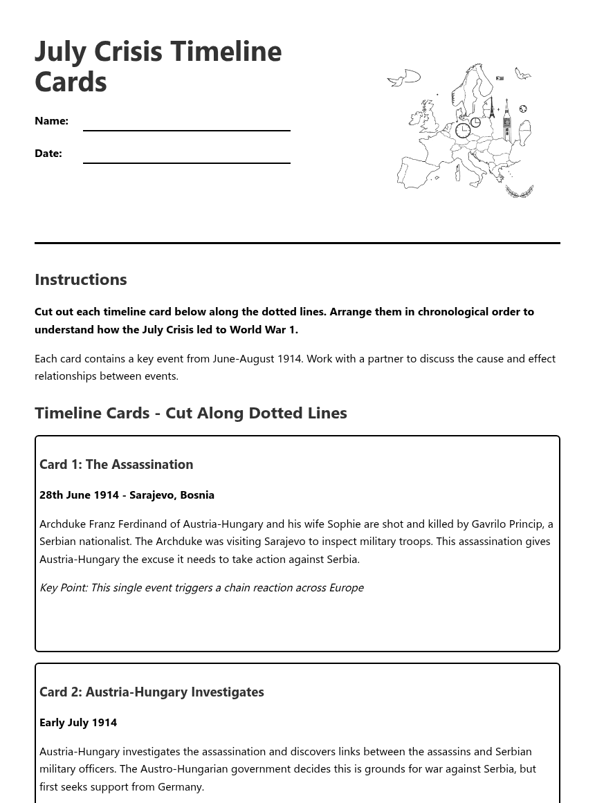July Crisis Timeline Cards worksheet preview