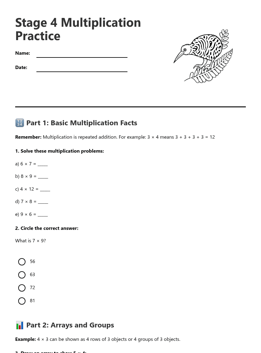 Stage 4 Multiplication Practice worksheet preview
