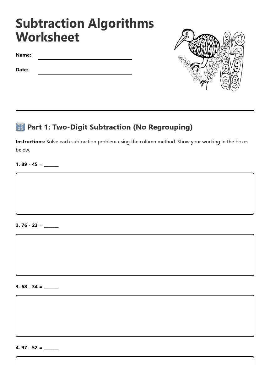 Subtraction Algorithms Worksheet worksheet preview