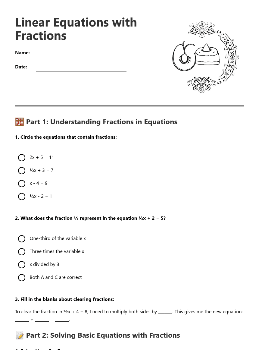 Linear Equations with Fractions worksheet preview