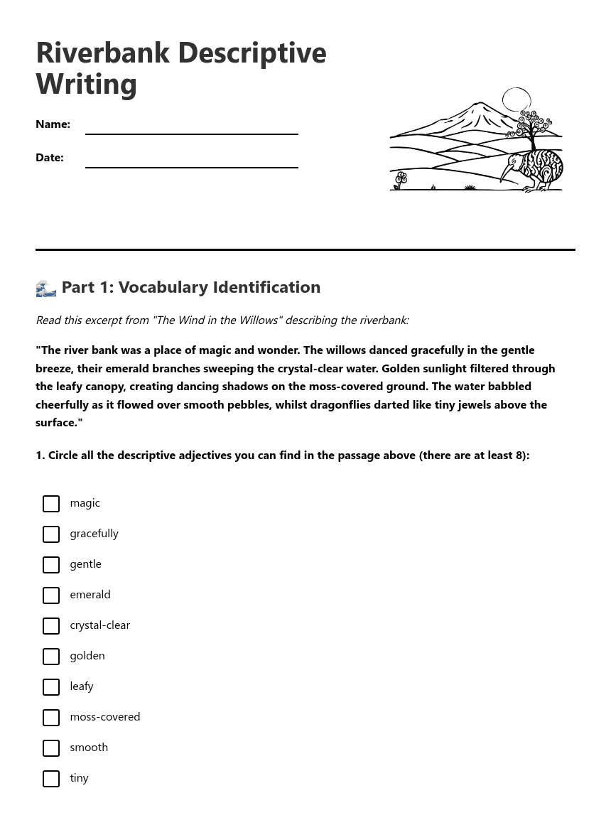 Riverbank Descriptive Writing worksheet preview