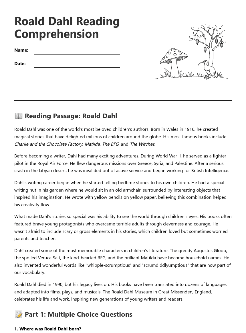 Roald Dahl Reading Comprehension worksheet preview