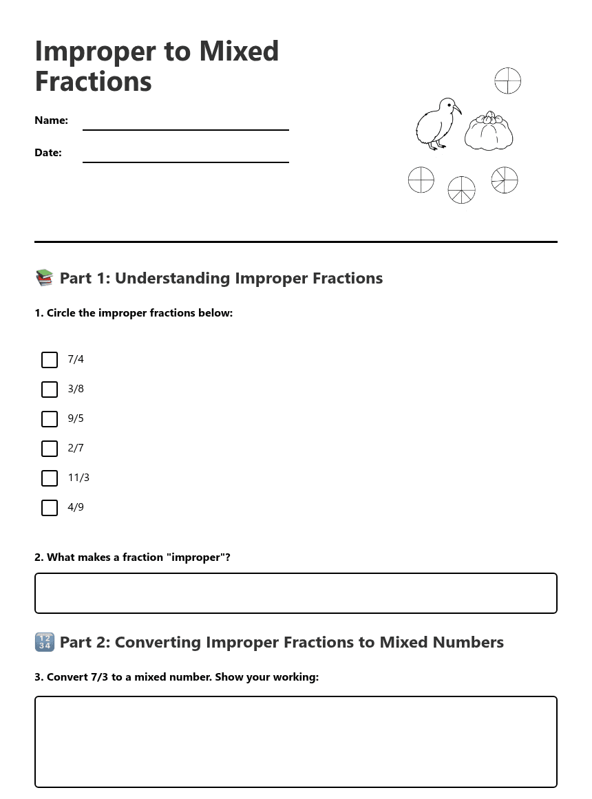 Improper to Mixed Fractions worksheet preview