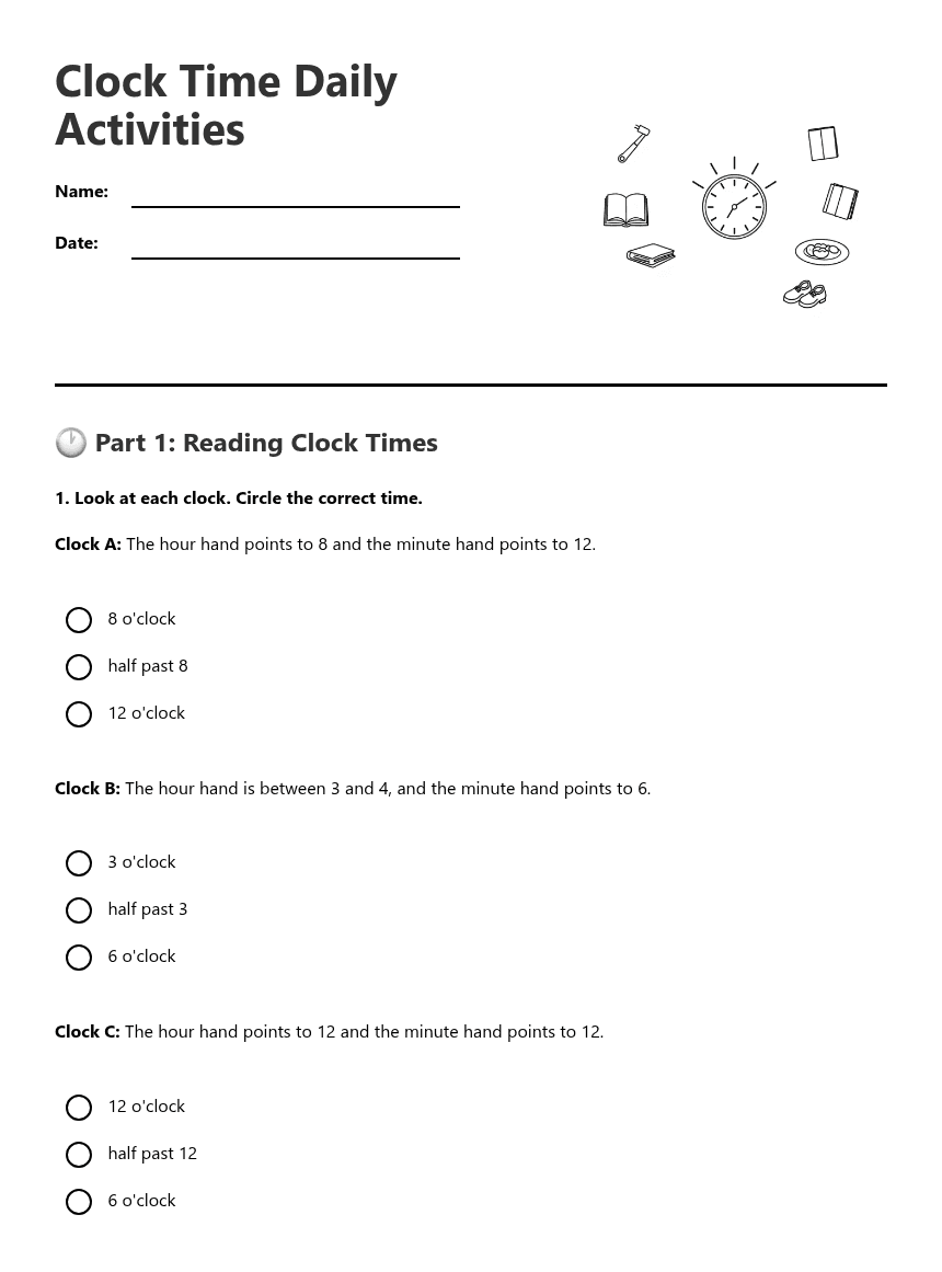 Clock Time Daily Activities worksheet preview