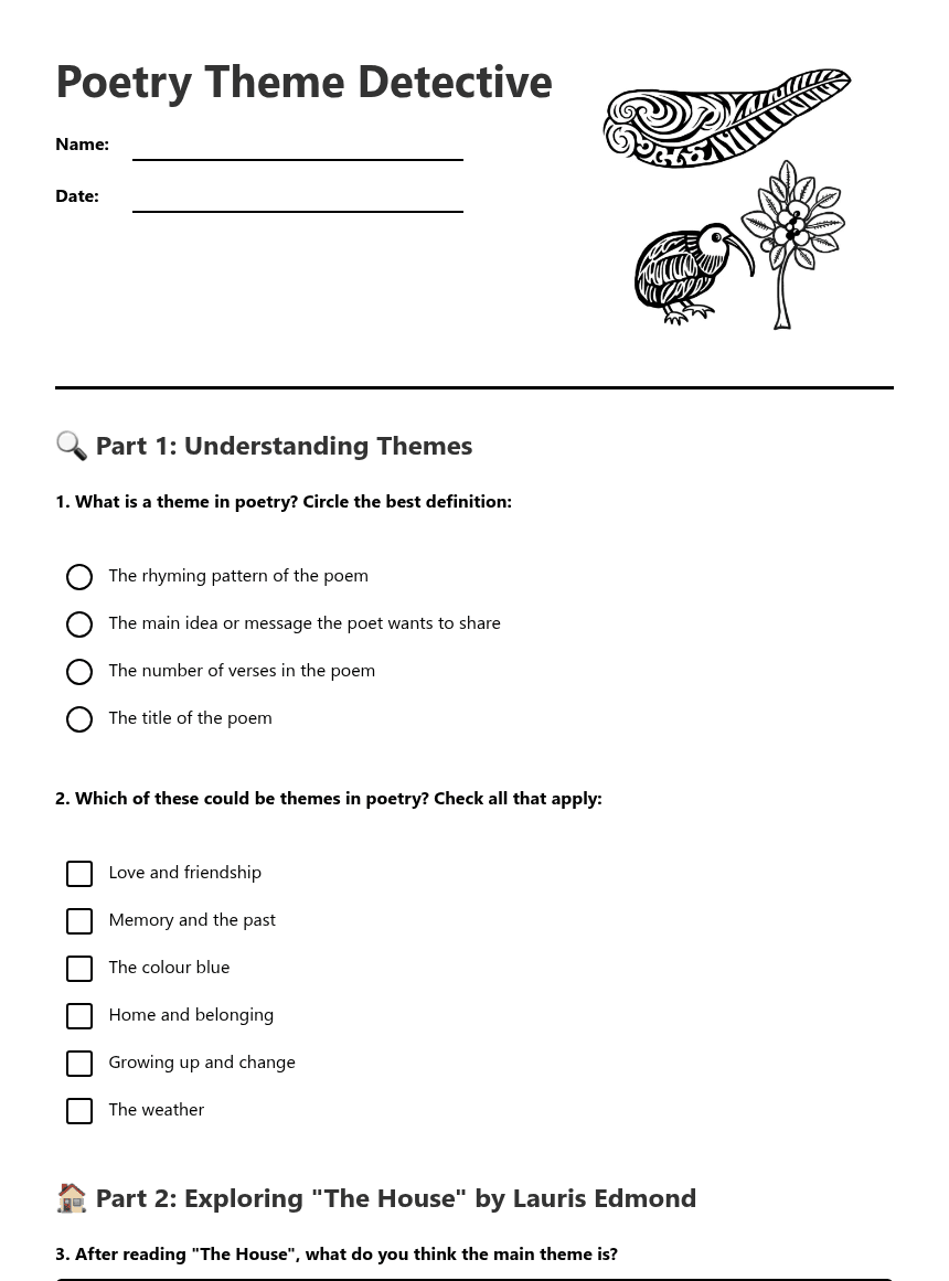 Poetry Theme Detective worksheet preview