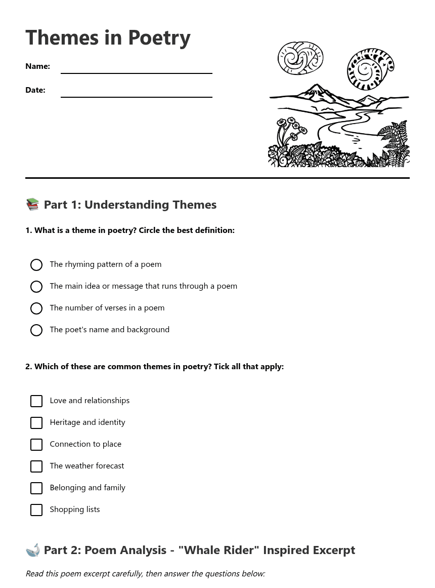 Themes in Poetry worksheet preview