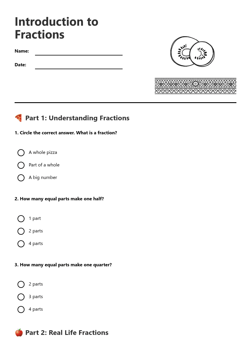 Introduction to Fractions worksheet preview