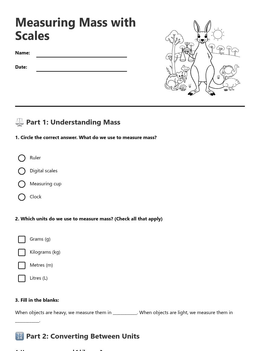 Measuring Mass with Scales worksheet preview