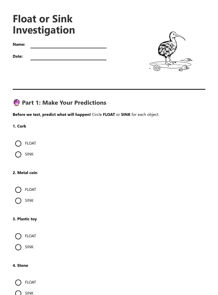 Float or Sink Investigation worksheet preview
