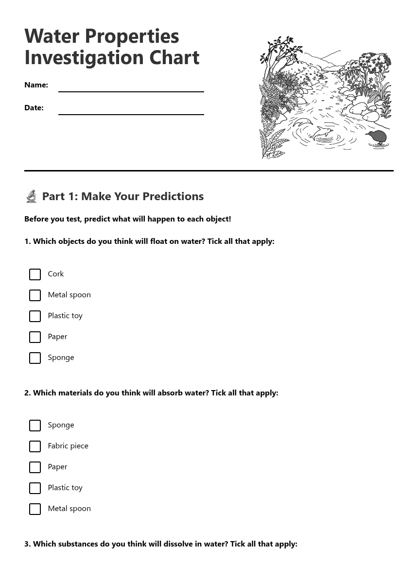 Water Properties Investigation Chart worksheet preview