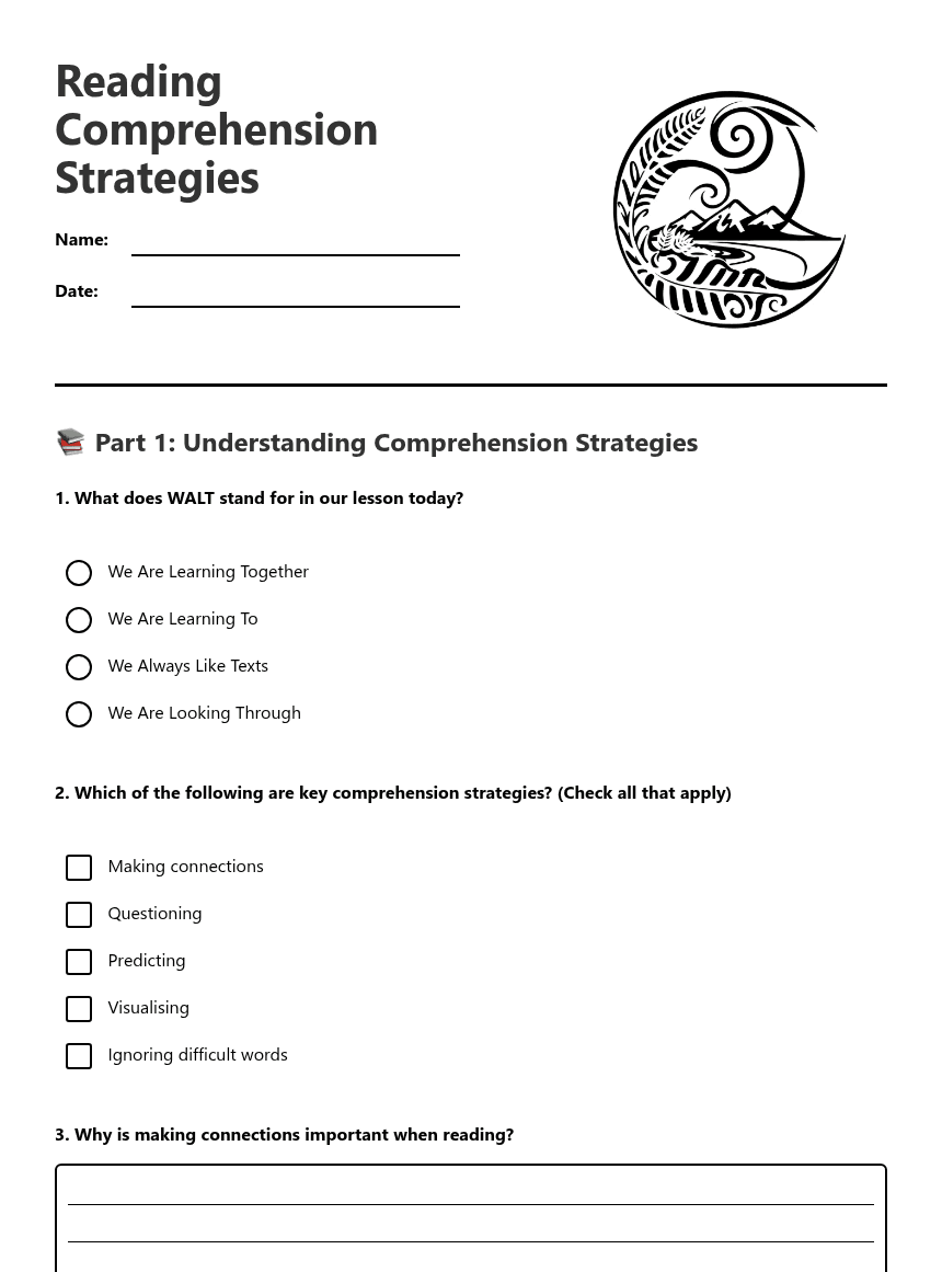 Reading Comprehension Strategies worksheet preview