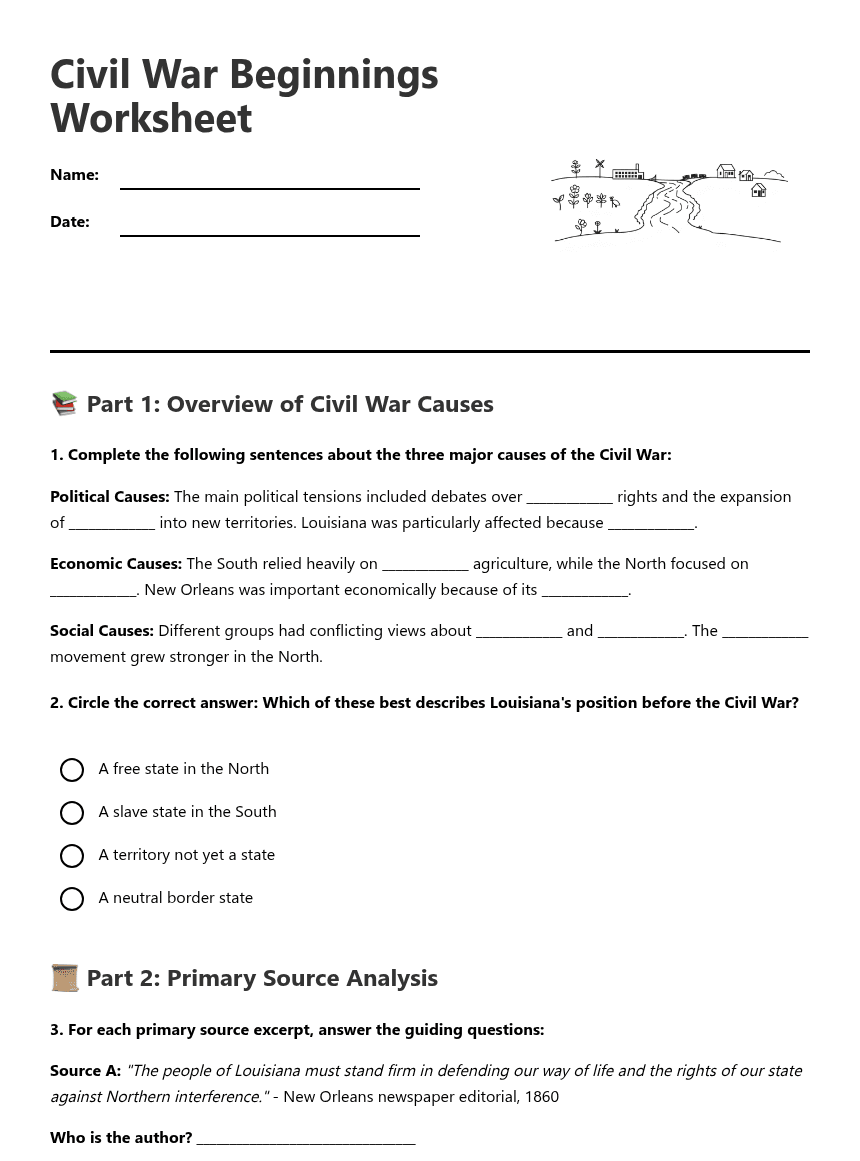 Civil War Beginnings Worksheet worksheet preview