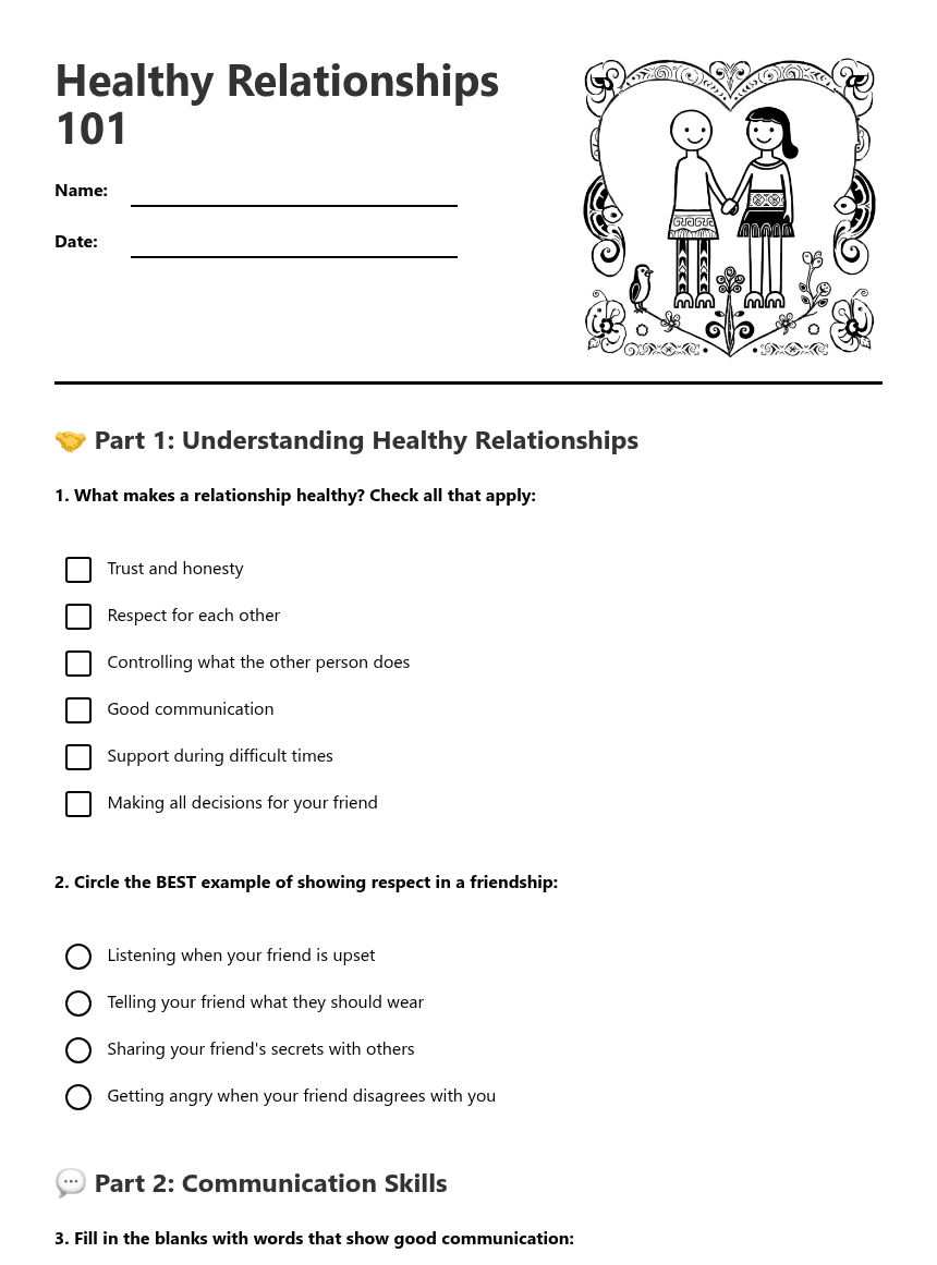 Healthy Relationships 101 worksheet preview