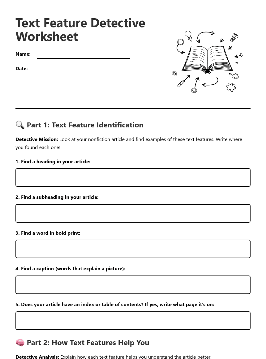 Text Feature Detective Worksheet worksheet preview