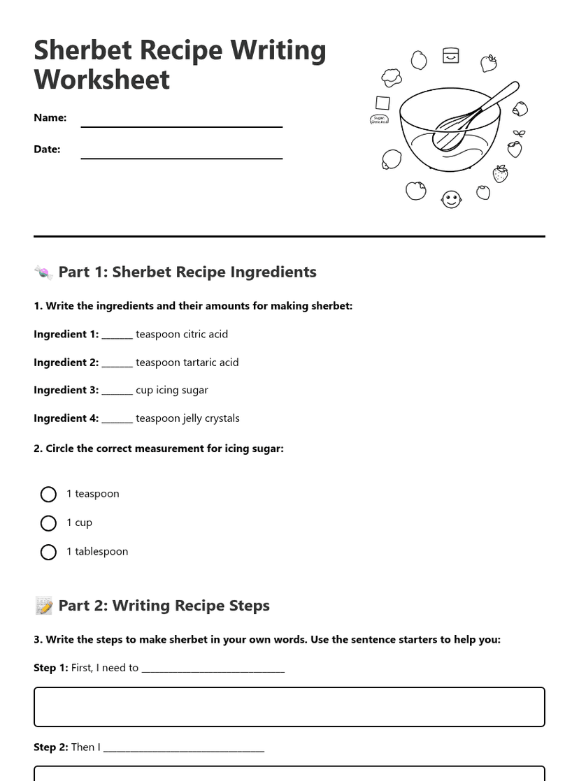 Sherbet Recipe Writing Worksheet