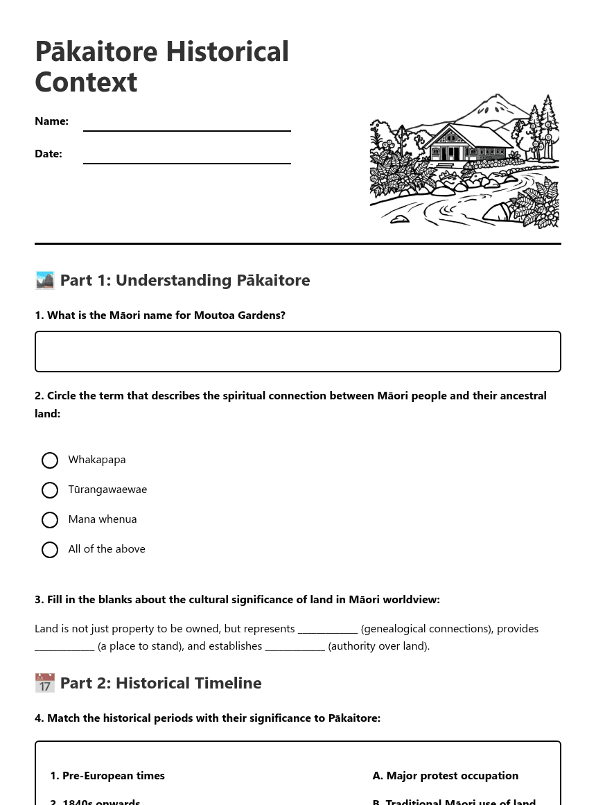 Pākaitore Historical Context worksheet preview