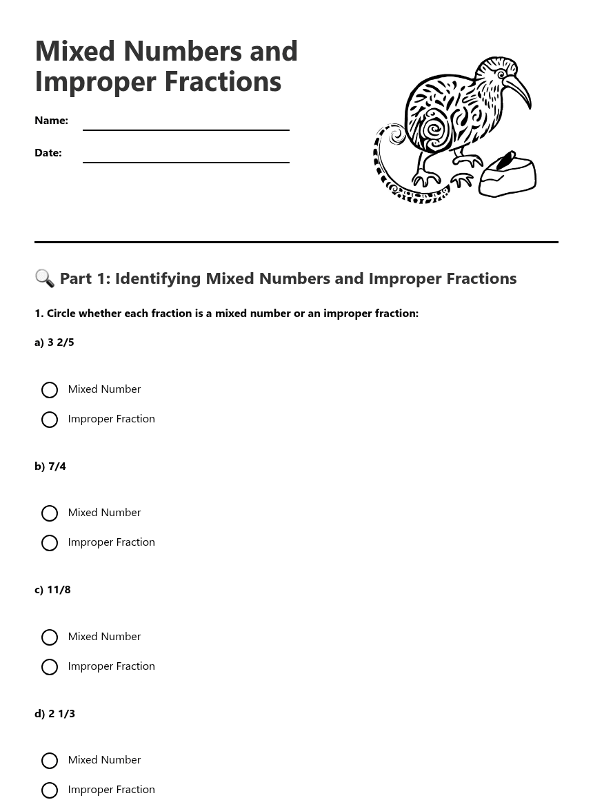 Mixed Numbers and Improper Fractions worksheet preview