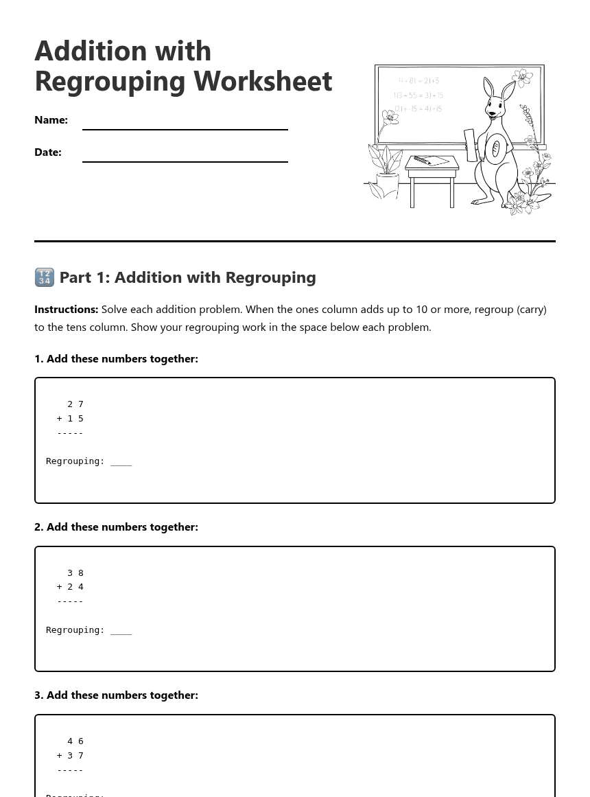 Addition with Regrouping Worksheet worksheet preview