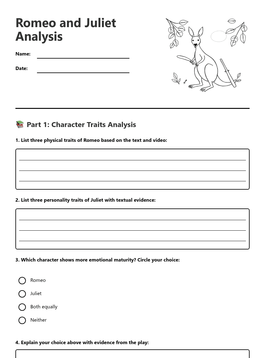 Romeo and Juliet Analysis worksheet preview