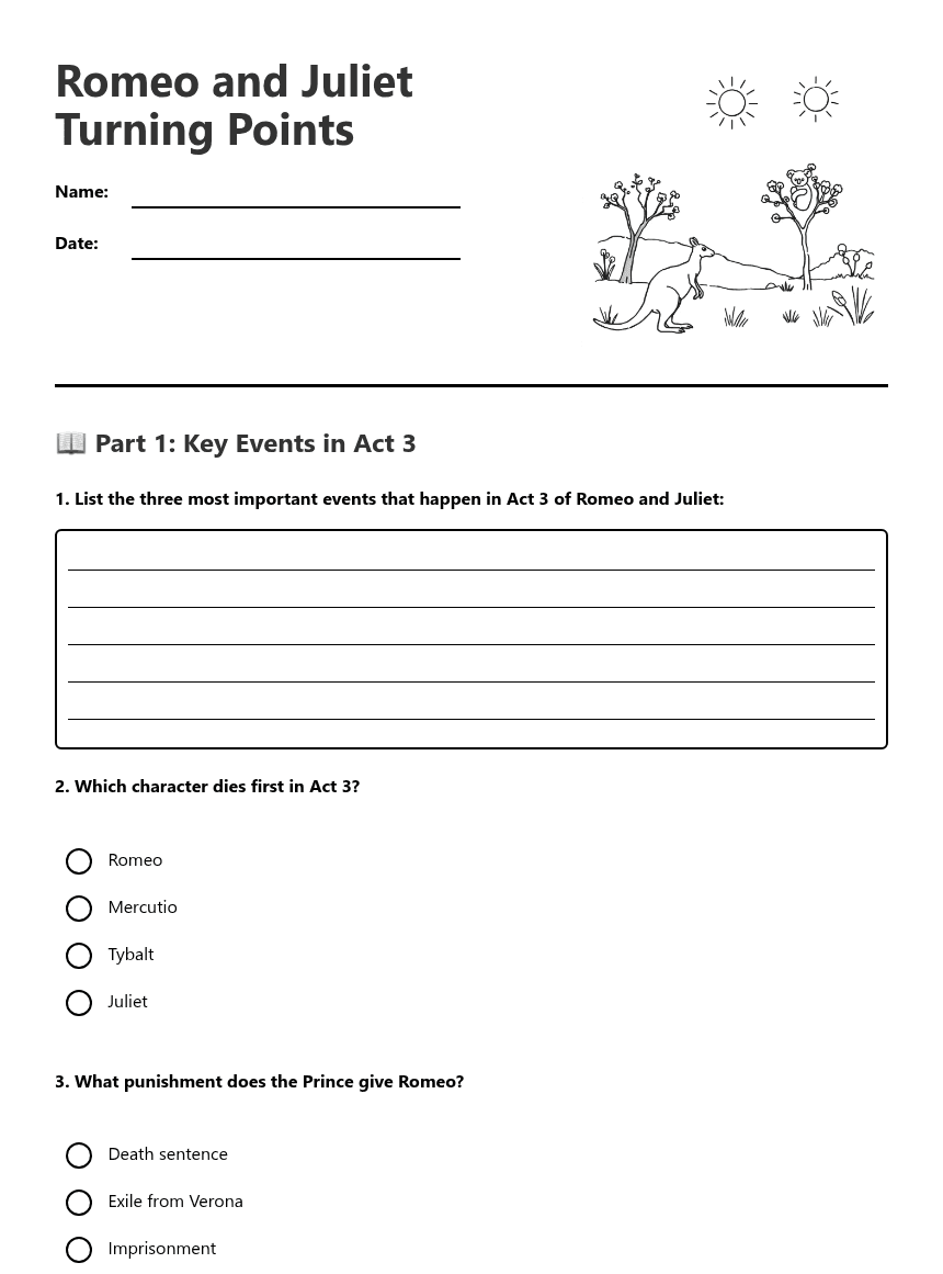 Romeo and Juliet Turning Points worksheet preview