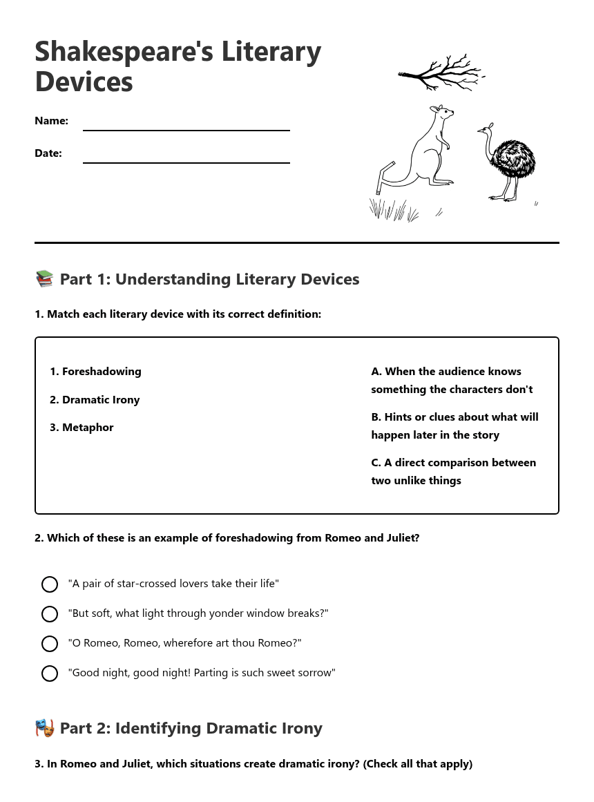 Shakespeare's Literary Devices worksheet preview