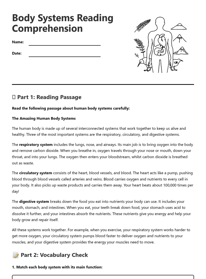 Body Systems Reading Comprehension