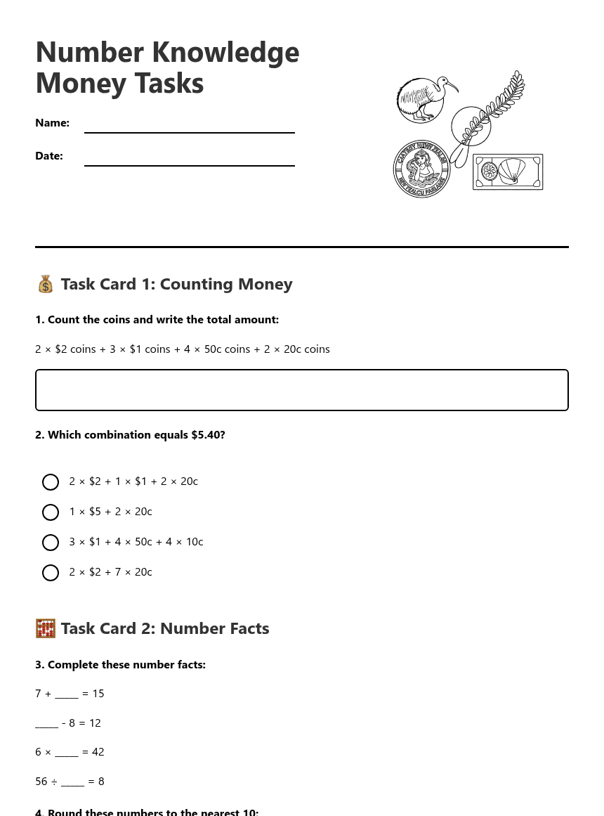 Number Knowledge Money Tasks worksheet preview