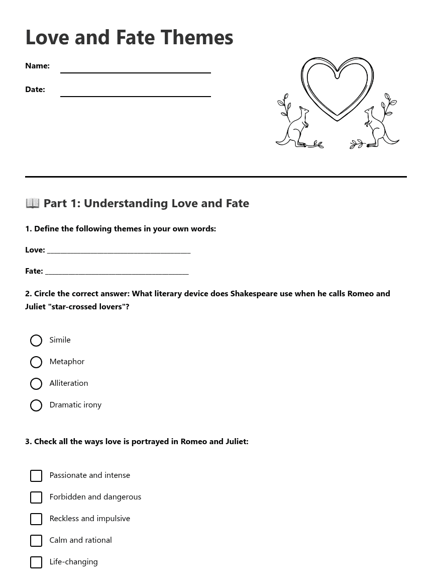 Love and Fate Themes worksheet preview