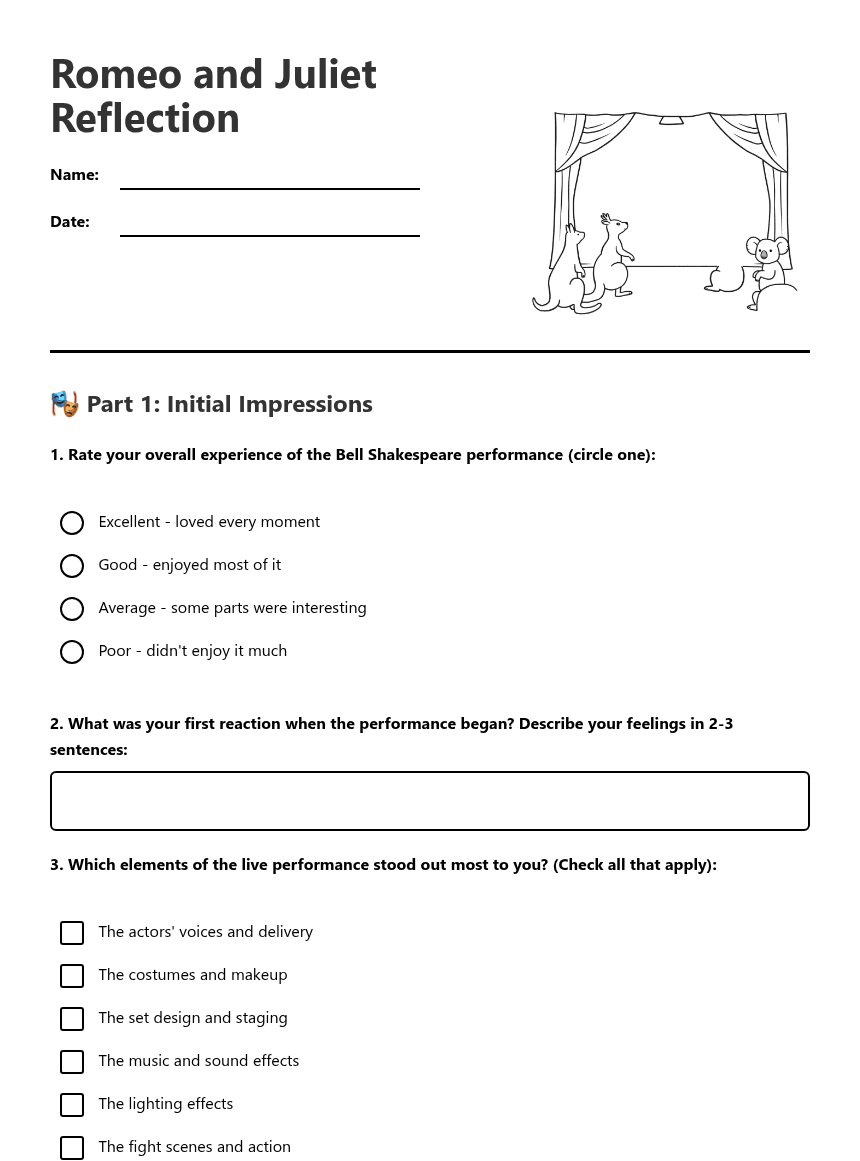 Romeo and Juliet Reflection worksheet preview