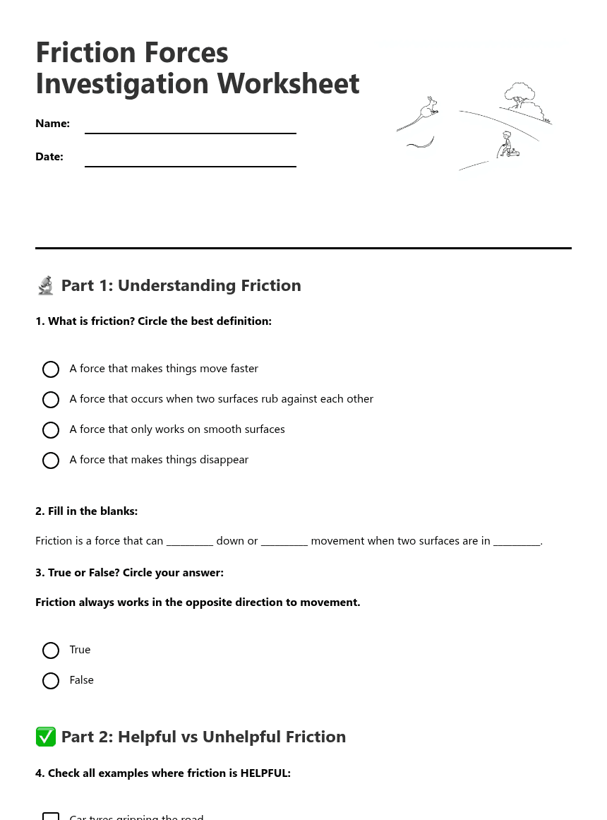 Friction Forces Investigation Worksheet worksheet preview