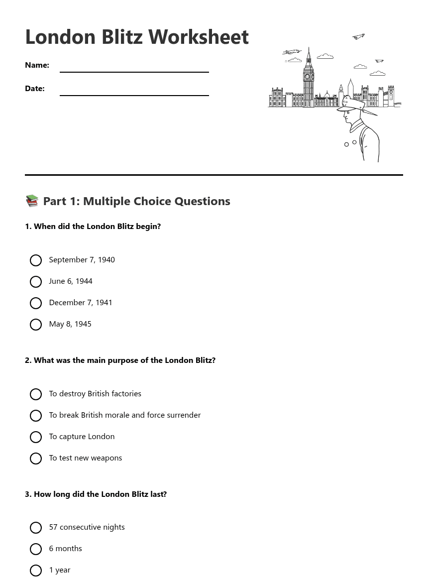 London Blitz Worksheet worksheet preview