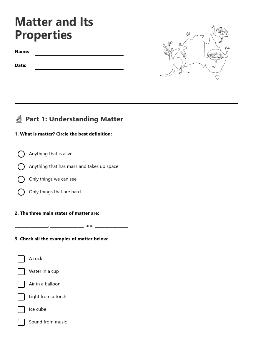 Matter and Its Properties worksheet preview