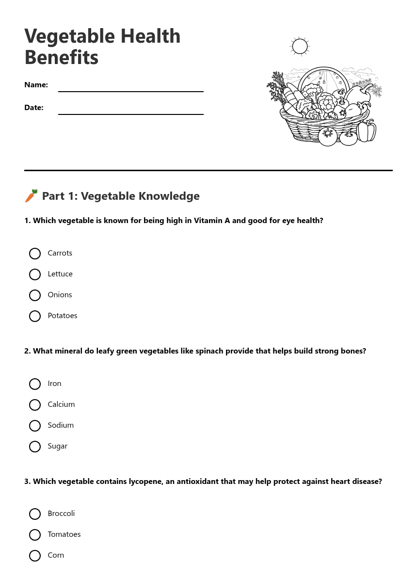 Vegetable Health Benefits worksheet preview